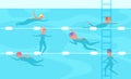 Kids in pool. Child swimming, happy school swim lesson. Flat sport boy girl, children competition or water activity