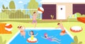Kids pool party. Child friends jump to basin splash, swimming in water or underwater boy and girl playing ball at summer