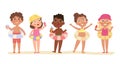 Kids pool party, children playing rubber swimming circles. Multiracial boys and girls in swimsuits standing together