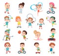 Kids Practicing Different Sports and Physical Activities In Education Class Gym and Outdoors Vector Set Royalty Free Stock Photo