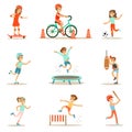 Kids Practicing Different Sports And Physical Activities In Physical Education Class Gym And Outdoors. Children Playing Royalty Free Stock Photo