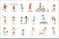 Kids Practicing Different Sports And Physical Activities In Physical Education Class Gym And Outdoors. Children Playing Royalty Free Stock Photo