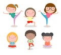 Kids Practicing Yoga , happy cartoon children Practicing Yoga , child Yoga exercises. Healthy lifestyle