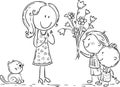 Kids presenting flowers to their mother or teacher, line art