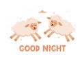 Kids print art with cute lambs and the text Good night. White background with cartoon sheeps, stars. Kids poster for decoration of