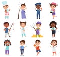 Kids professions, young painter, doctor and cook characters. Children in costumes of different professions vector