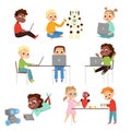 Kids Programmer Characters Set, Boys and Girls Using Computers, Creating and Programming Smart Robots, Electronics Royalty Free Stock Photo