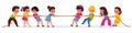 Kids pulling rope. Team game tug of war, children groups competition, happy boys and girls play outdoors, equal and Royalty Free Stock Photo