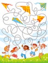 Kids puzzle maze. Children fly kites into the sky Royalty Free Stock Photo