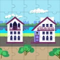 Puzzles with hand-drawn houses, rural landscape with river, reflection with blue sky with clouds, vector illustration Royalty Free Stock Photo