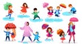 Kids in rain, happy children with umbrella, set of isolated cartoon characters, vector illustration Royalty Free Stock Photo