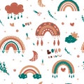 Kids rainbow pattern. Seamless baby illustration with cute clouds sun and rainbows in boho style. Decor textile