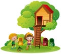 Kids raking leaves under treehouse