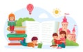 Kids read book. Boys and girls reading children literature. Cute characters imagining medieval castle with flying hot Royalty Free Stock Photo