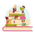 Kids read books. Tiny cute children with big stack of books, training and education, pupils read together, getting