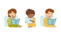 Kids reading bedtime story in their beds cartoon vector illustration Royalty Free Stock Photo