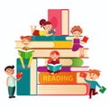 Kids reading on the big stack of books vector flat illustration. Small children around books infographic elements on Royalty Free Stock Photo