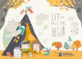 Kids reading book with animals in a teepee tent Royalty Free Stock Photo