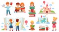 Kids reading book. Cartoon child library, happy kid read books and book stack isolated vector illustration Royalty Free Stock Photo