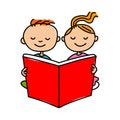Kids reading book.Cartoon kids reading book illustration. Royalty Free Stock Photo