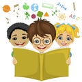 Kids reading a book with education related icons flying out. Imagination concept Royalty Free Stock Photo