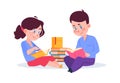 Kids reading books. Cartoon boy girl with book, children in library or lesson. Self education, brother and sister learn Royalty Free Stock Photo