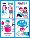 Kids reading books - cartoon poster set. My first book, reading classes,