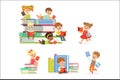Kids Reading Books And Enjoying Literature Set Of Cute Boys And Girls Loving To Read Sitting And Laying Surrounded With Royalty Free Stock Photo
