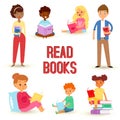 Kids reading books and enjoying literature vector set of happy boys and girls of different nationality loving to read