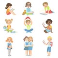 Kids Reading Books Icon Set