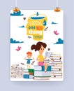 Kids reading books vector child character boy girl read textbook with bookmark illustration backdrop of educated Royalty Free Stock Photo