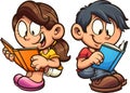 Cartoon boy and girl reading books while sitting down