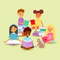 Kids reading in circle on a pile of books with cat cartoon vector illustration. School education and knowledge concept Royalty Free Stock Photo