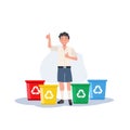 Kids with recycling garbage. boy is giving thumb up while explaining about the color of recycle bin