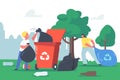 Kids Recycling Garbage, Children Characters Cleaning Garden Collect Litter in Trash Bag and Litter Bin with Recycle Sign Royalty Free Stock Photo