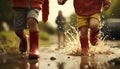 Kids in red rain boots splashing in puddles during a summer rainstorm, creating a joyful scene