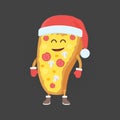 Kids restaurant menu cardboard character. Christmas and New Year winter style. Funny cute drawn pizza, with a smile, eyes and hand