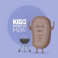 Kids restaurant menu cardboard character. Funny cute cartoon steak barbecue drawn with a smile, eyes and hands.