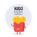 Kids restaurant menu cardboard character. Funny cute drawn french fries, with a smile, eyes and hands.