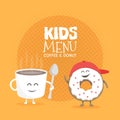 Kids restaurant menu cardboard character. Funny cute mug coffee and donut drawn with a smile, eyes and hands.