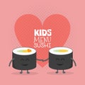 Kids restaurant menu cardboard character. Funny cute sushi roll friends love drawn with a smile, eyes and hands.