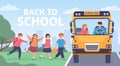 Kids ride to school. Group of elementary students board bus with driver. Cartoon preschool children road trip back to