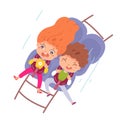 Kids riding in amusement park car. Happy children sitting on rollercoaster in seats vector illustration. Little boy and Royalty Free Stock Photo