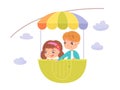 Kids riding in amusement park ferris wheel. Happy children standing in cart moving in air vector illustration. Boy and Royalty Free Stock Photo