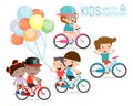 Kids riding bikes, Child riding bike, kids on bicycle vector on white background Royalty Free Stock Photo