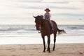 Kids riding horse on beach. Children ride horses Royalty Free Stock Photo