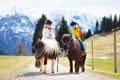 Kids riding pony. Child on horse in Alps mountains