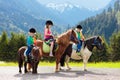 Kids riding pony. Child on horse in Alps mountains