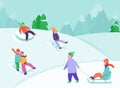 Kids riding sledding slide. Snow landscape, winter snowy fun activities. Sled speed riding or children holiday sledge Royalty Free Stock Photo