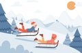 Kids riding on sleds vector flat illustration. Happy children sledding on sleds. Snowy landscape, winter forest. Royalty Free Stock Photo